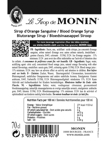 Monin Bloedsinaasappel siroop ingrediënten