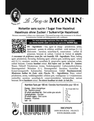 Monin Hazelnoot Siroop SUIKERVRIJ
